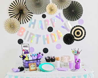Little Monster Theme Party Box, Reusable Children&#39;s Party Kit, Cute Monster Birthday Party, All in One Event Kit, Holographic Party