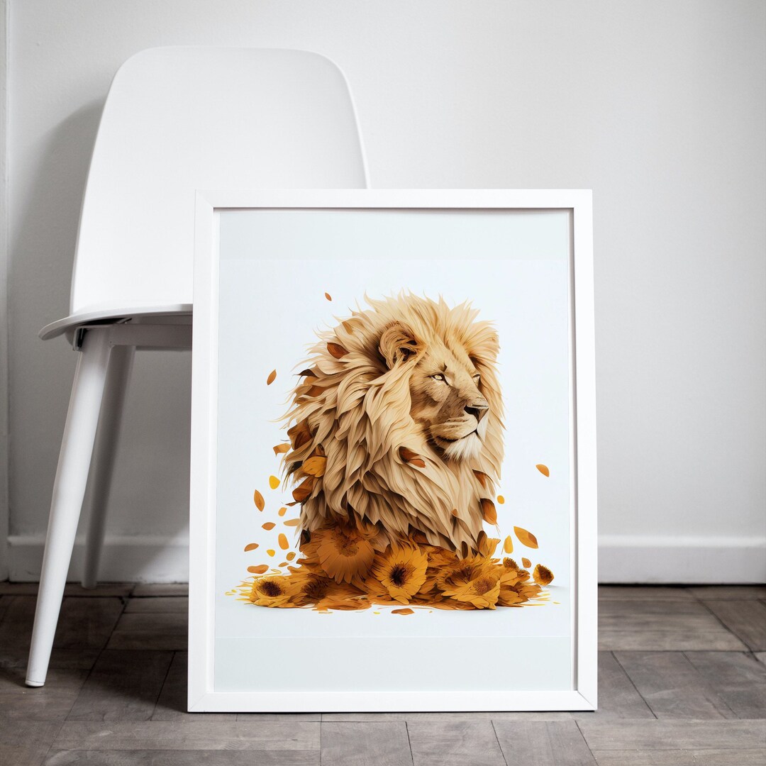 Lion With Sunflowers in His Main Printable Wall Art Etsy