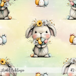 Könnte beinhalten: Oster-Themenmuster in Aquarell, das ein sich wiederholendes Design eines Hasen mit Blumenkranz und Tulpen zeigt. Der Hintergrund ist ein weicher Farbverlauf aus Gelb und Rosa mit verstreuten Eiern.