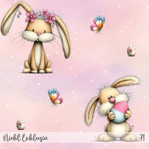Könnte beinhalten: Eine skurrile Illustration mit zwei Cartoon-Hasen, Schmetterlingen und dekorierten Ostereiern auf rosa Hintergrund. Ein Hase trägt einen Blumenkranz, der andere hält ein pastellfarbenes Ei. Das Bild hat einen weichen Aquarellstil.