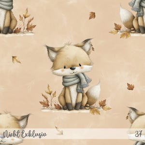 Könnte beinhalten: Ein sich wiederholendes Muster mit entzückenden Cartoon-Füchsen in herbstlicher Umgebung. Jeder Fuchs hat weiches, braunes Fell, einen grauen Schal und ist von Herbstblättern umgeben. Der Hintergrund ist in einem weichen Pfirsichton gehalten.