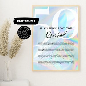 50 Reasons I Love You | 50th Birthday Gift, Custom Gift, 50th Birthday Gift For Women, 50th Birthday Gift For Men, Custom Name Sign, Pastel