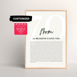 70 Reasons why I Love You Mom Customized Poster | Personalized 70th Birthday Gift for Mom, Mothers Day gift Canvas Template Digital Download