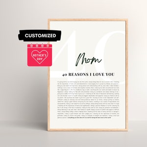Customized 40 Reasons I Love You Mom Poster | Personalized 40th Birthday Gift for Women, Canvas Template, Digital Download