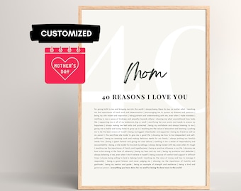 Customized 40 Reasons I Love You Mom Poster | Personalized 40th Birthday Gift for Women, Canvas Template, Digital Download