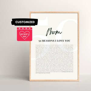50 Reasons why I Love You Mom Customized Poster | Personalized 50th Birthday Gift for Women, Canvas Template, Digital Download