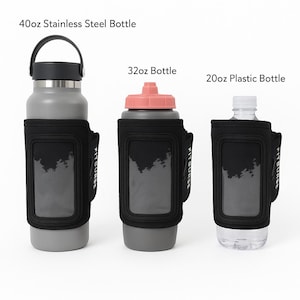 May include: Three water bottles of varying sizes, each in a black neoprene sleeve with a clear window. The bottles are labeled as 40oz stainless steel, 32oz, and 20oz plastic. The sleeves have the text "FITBURST" printed on them.