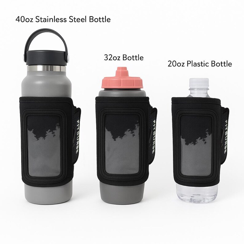 May include: Three water bottles of varying sizes, each in a black neoprene sleeve with a clear window. The bottles are labeled as 40oz stainless steel, 32oz, and 20oz plastic. The sleeves have the text "FITBURST" printed on them.