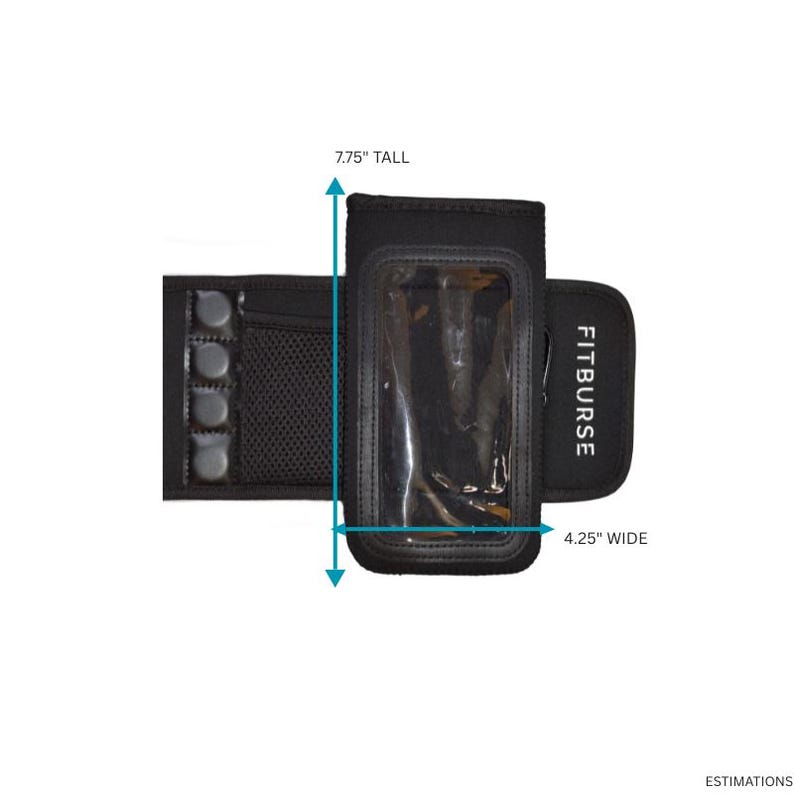 May include: Black armband with a clear phone holder, measuring 7.75 inches tall and 4.25 inches wide. The armband has the text "FITBURSE" printed on it. The armband has a mesh pocket and several small, round, gray objects.