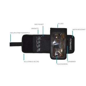 May include: Black water-resistant armband with a clear touchscreen window and the brand name "FITBURSE". Features include a side pocket, magnets, adjustable Velcro strap, and a secure strap for a bottle. Includes a carabiner.