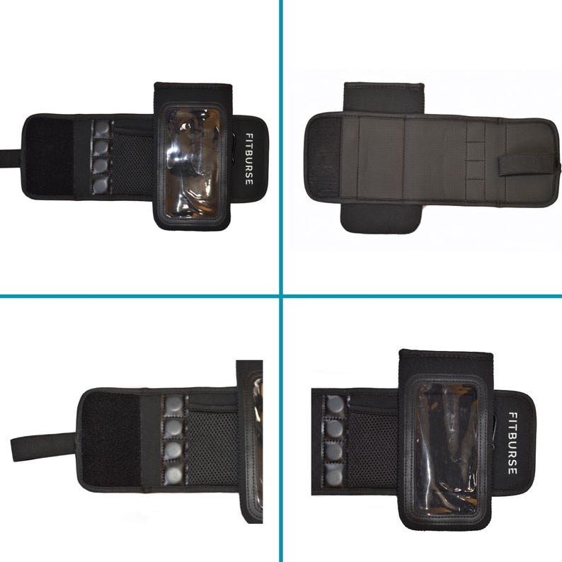 May include: Black armband with a clear phone holder and the text "FITBURSE". The armband has a mesh pocket and several small, round, gray objects. The design includes a hook and loop fastener for secure wear.