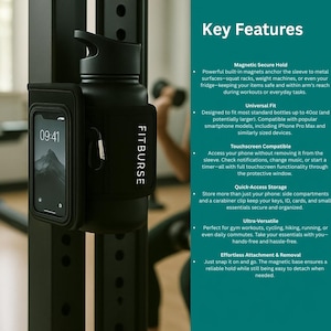 May include: Black fitness accessory with a water bottle and phone holder attached to a metal frame. The phone displays the time 09:41. The accessory has the brand name "FITBURSE" printed on it. The holder is designed for gym workouts and other activities.