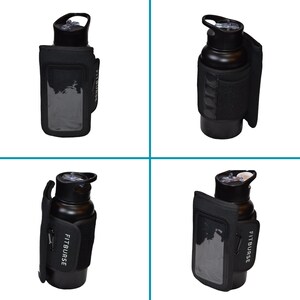 May include: A black water bottle with a black carrying case. The case has a clear pocket and the word "FITBURST" printed in white. The bottle has a black lid with a handle.