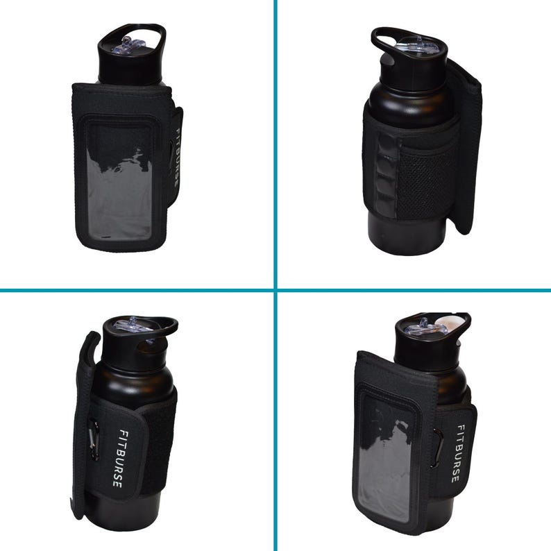 May include: A black water bottle with a black carrying case. The case has a clear pocket and the word "FITBURST" printed in white. The bottle has a black lid with a handle.