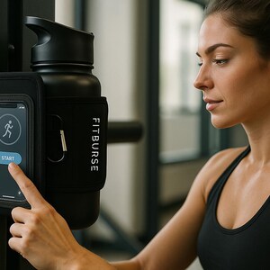 May include: A black water bottle with a black phone holder attached to a gym machine. The phone screen displays a running icon and a "START" button. The holder is labeled "FITBURSE".