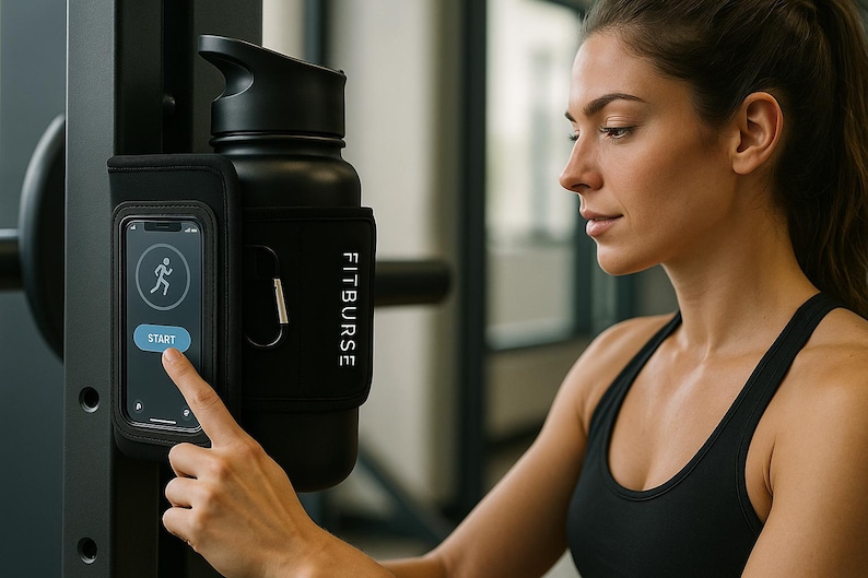 May include: A black water bottle with a black phone holder attached to a gym machine. The phone screen displays a running icon and a "START" button. The holder is labeled "FITBURSE".