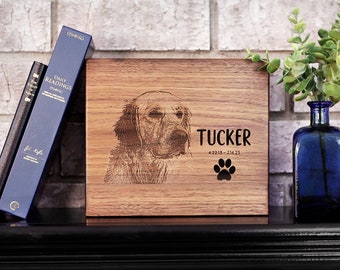 Wood Pet Urn with Custom Photo Engraving | Natural Black Walnut | Personalized Memorial Portrait | Modern Cremation Urn for Dogs and Cats