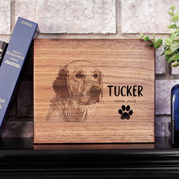 Wood Pet Urn with Custom Photo Engraving | Natural Black Walnut | Personalized Memorial Portrait | Modern Cremation Urn for Dogs and Cats