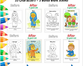 Bible Character Coloring Book for Kids, 33 Characters + 3 Bonus Bible Scenes, Christian Coloring Pages, Printable PDF (8.5x11") High Quality