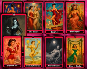 Tarot Pin-Up 78 Cards Deck, Vintage Style Oracle Cards for Divination & Spiritual Guidance, Unique Art Tarot Reading Set
