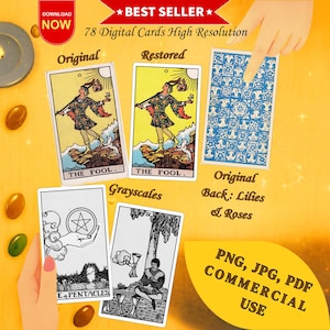 Puede incluir: Una colección de cartas del tarot con varios diseños y estilos. Las cartas incluyen "El Loco" en versiones originales y restauradas, cartas en escala de grises y un diseño floral azul en la parte posterior. La imagen también incluye el texto "Best Seller" y "Commercial Use."