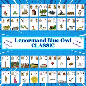 Puede incluir: Una baraja de cartas Lenormand Blue Owl Classic. Las cartas presentan varias ilustraciones y símbolos, incluyendo personas, animales y objetos. El texto "Digital Download" aparece a ambos lados de la imagen.