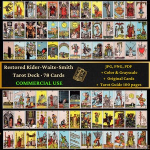 Tarot Rider Waite Smith Súper Pack, 78 Cartas Color + 78 Grises + 78 Originales + Reverso Rosas y Lirios ·JPG PDF PNG· Guía + Uso Comercial