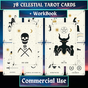 Può includere: Un mazzo di 78 carte dei tarocchi celesti con un quaderno di lavoro. Le carte presentano immagini celesti e occulte, tra cui un teschio, una figura del diavolo e le scritte "Death" e "The Devil". Sono visibili anche le parole "Commercial Use".
