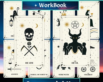 Mystical Celestial Tarot Line Art Ivory + Exceptional Workbook, 78 Major & Minor Arcana, Witches and Grimoires, Commercial Use