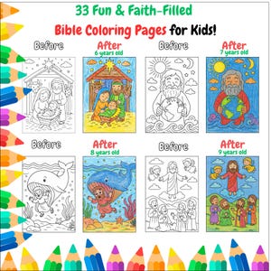 Livre de coloriage de la Bible pour enfants d'âge scolaire, 33 scènes bibliques, activité chrétienne, livre de coloriage de l'Ancien et du Nouveau Testament, PDF