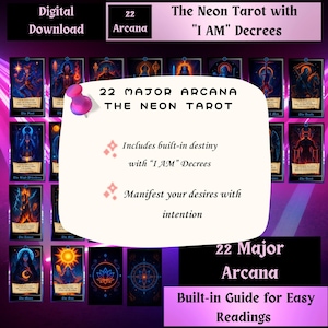 Tarot de Neón • 22 Arcanos Mayores • Mazo Digital con Frases Yo Soy • Tarot Cósmico Con Lecturas Incorporadas
