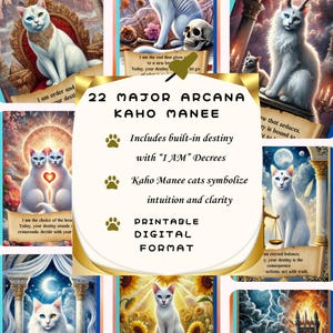 Jeu de tarot du Chat Khao Manee avec décrets « JE SUIS », 22 arcanes majeurs avec destin intégré, tarot facile pour débutants