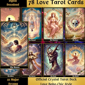 78 Cartas de Tarot + GUÍA ESENCIAL para leer el Tarot del amor |Tarot del Amor Boho-Chic Style  | Versión IMPRIMIBLE Crystal Tarot (Oficial)