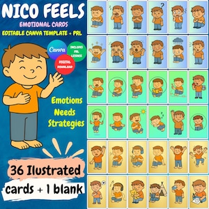 Nico Siente, Plantilla CANVA Editable de cartas emocionales para niños, Guía de uso, PRL, Espectro autista, TDAH,  Neurodivergente, Autismo