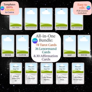 SÚPER Pack Plantillas Tarot editables en Canva, 78 cartas de Tarot + 36 cartas Lenormand + 30 cartas de Afirmaciones + Guía + Licencia PLR