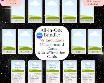 SUPER Bundle Editable Canva Tarot Templates 78 Tarot + 36 Lenormand + 30 Affirmations + PLR Comercial License