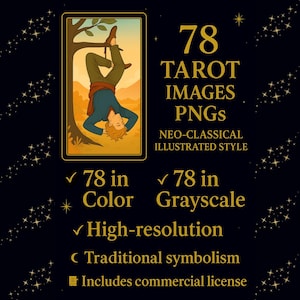 78 Imágenes PNG de Tarot Tradicional, Estilo Neo-Clásico, Color y Grises, Ideal para crear mazos, plantillas de Canva, Licencia comercial