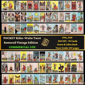 Tarot Rider Waite de Bolsillo 2.5"x4.25" Edición restaurada 300 DPI · 78 cartas + Reverso Rosas y Lirios · PDF + PNG · Guía + Uso Comercial