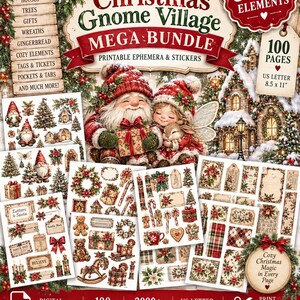 Puede incluir: Un paquete digital Christmas Gnome Village con más de 3000 elementos y 100 páginas de efímera y pegatinas imprimibles. El diseño incluye ilustraciones de gnomos, árboles de Navidad, regalos y casas en páginas de 21,59 por 27,94 cm.