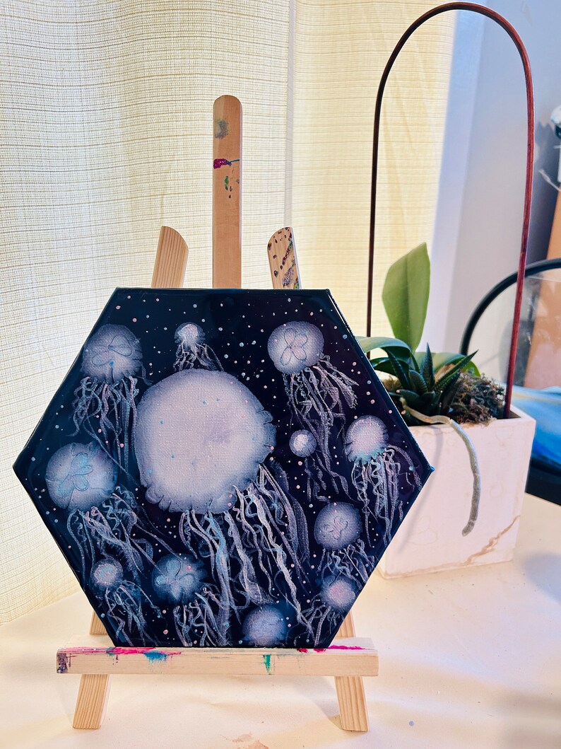 Fluid Art jellyfish Original Acrylic Pouring Navy Blue With Metallics