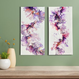 Fluid Art - original Acrylic Dutch pouring  purple pink and gold  a set of 2 pieces