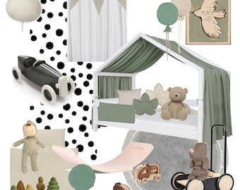 Children's room, natural materials, mood board, mood board, furnishing idea, plan the design of the children's room gender-neutral