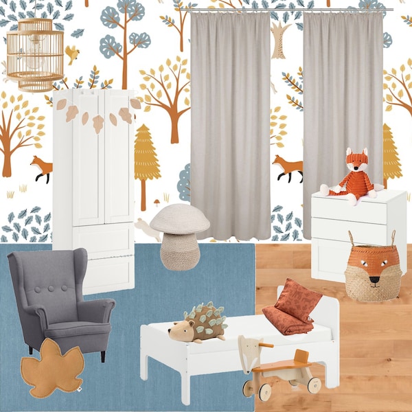 Children's room forest animals, children's room design, furnishing idea, design concept, mood board, mood board, picture collage, with decoration