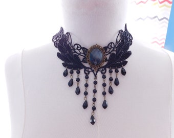 Black Lace Vintage Style Necklace with Black Drapey Beads Adjustable Clasp Goth Style Costume Fashion Accessory Center Gem Charm