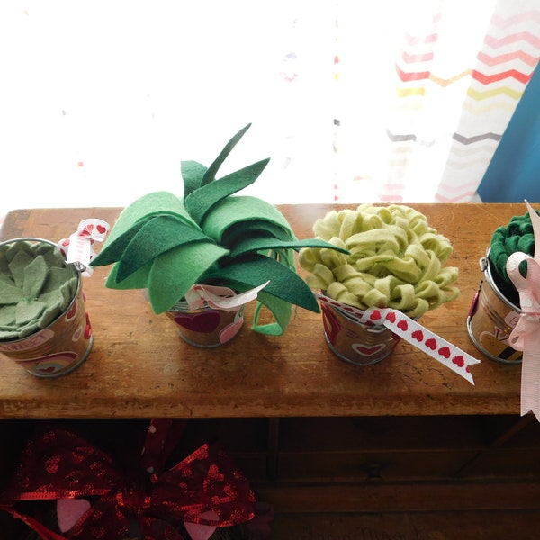 Love Themed Tiny Metal Pail with Handmade Felt succulent Bow decoration with hearts Valentine's day gift Set of 4