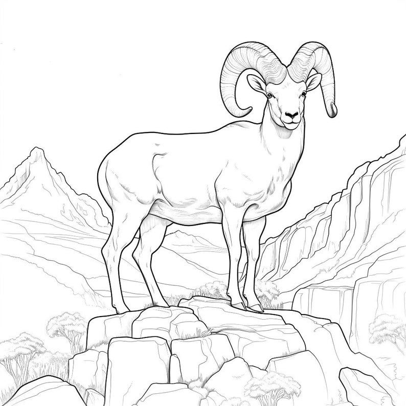 May include: Line art illustration of a bighorn sheep standing on a rocky outcrop, with mountains in the background. The sheep has large, curved horns and is facing forward. The image is in black and white.