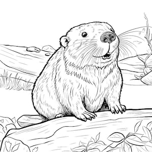 May include: Black and white illustration of a groundhog sitting on a log. The groundhog has a furry body, a large nose, and whiskers. The background includes grass, rocks, and other foliage. The groundhog appears to be smiling.