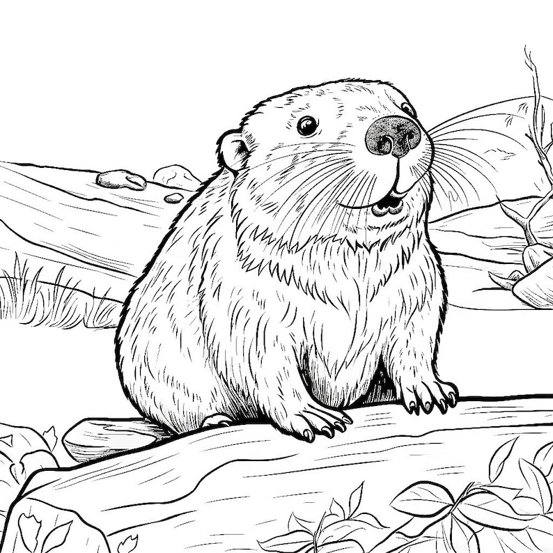 May include: Black and white illustration of a groundhog sitting on a log. The groundhog has a furry body, a large nose, and whiskers. The background includes grass, rocks, and other foliage. The groundhog appears to be smiling.