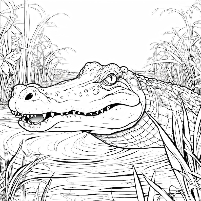 May include: Black and white illustration of an alligator in a swamp. The alligator's head is in the foreground, with its mouth slightly open, revealing teeth. Reeds and water plants surround the alligator, with a distant shoreline visible.
