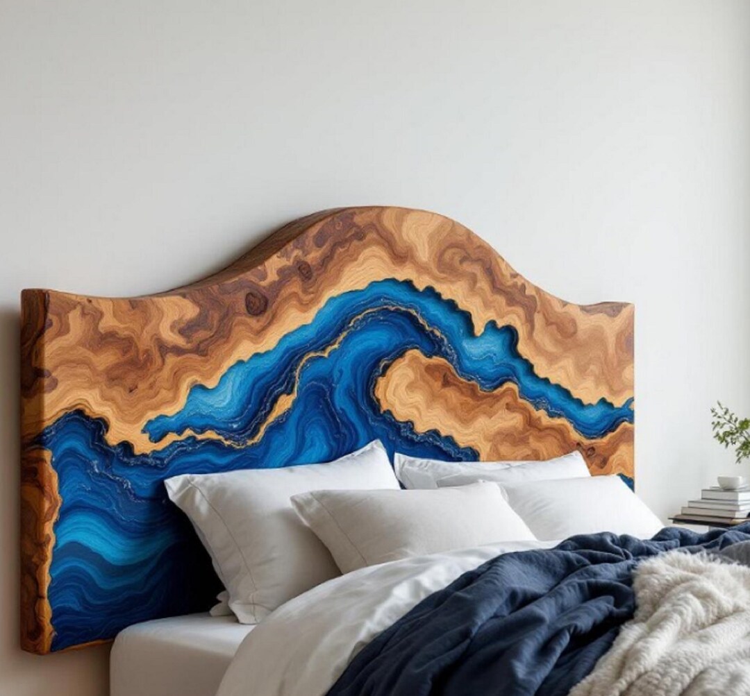 Curved Blue Epoxy River Headboard – Handmade Acacia Wood Ocean Wave ...